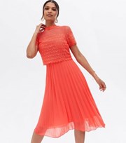 New Look Coral Lace Chiffon Pleated Layered Midi Dress